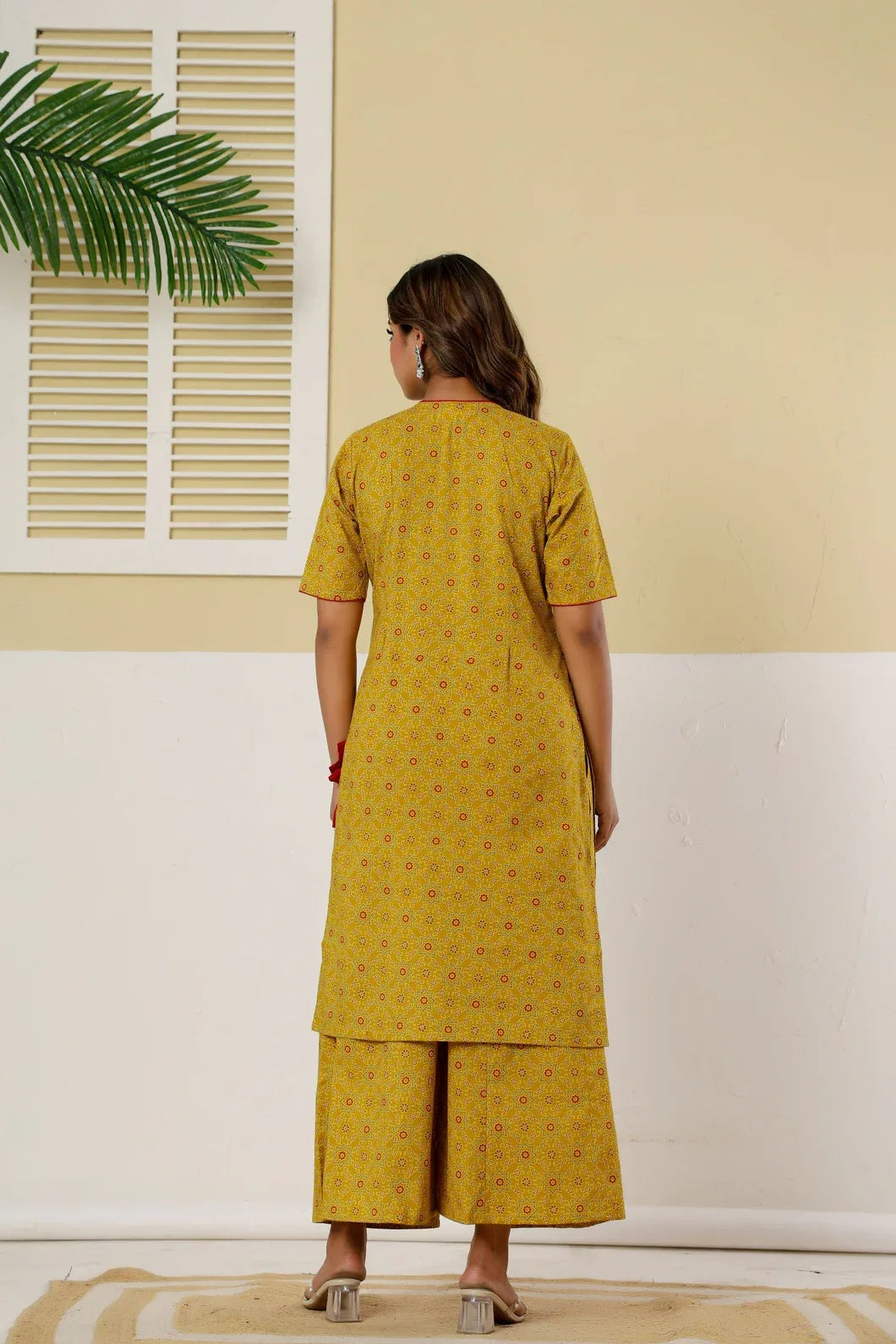 Back view of ethnic motif print detail on mustard yellow kurta - YAVASTRAH