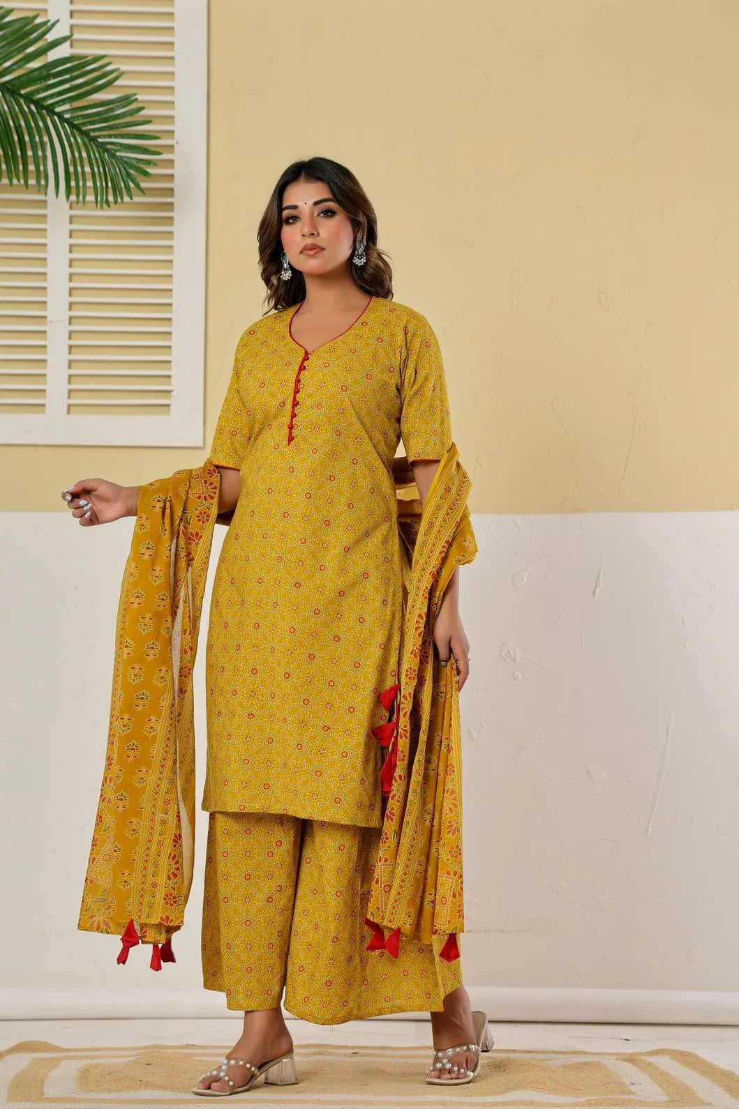 Mustard yellow ethnic kurta palazzo set three-quarter view - YAVASTRAH
