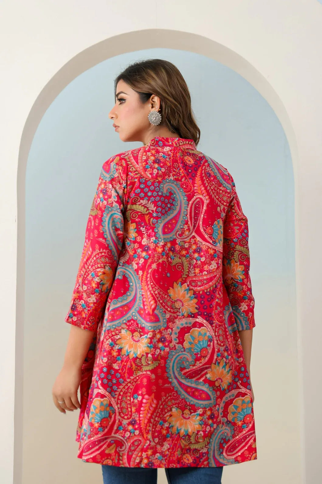Rani pink paisley angrakha kurti back view - YAVASTRAH
