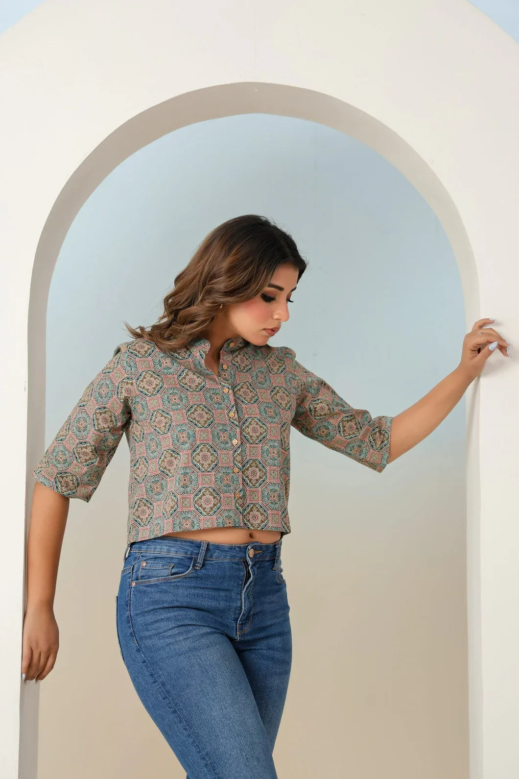 Woman wearing teal green crop top styled with ethnic bottom wear - YAVASTRAH
