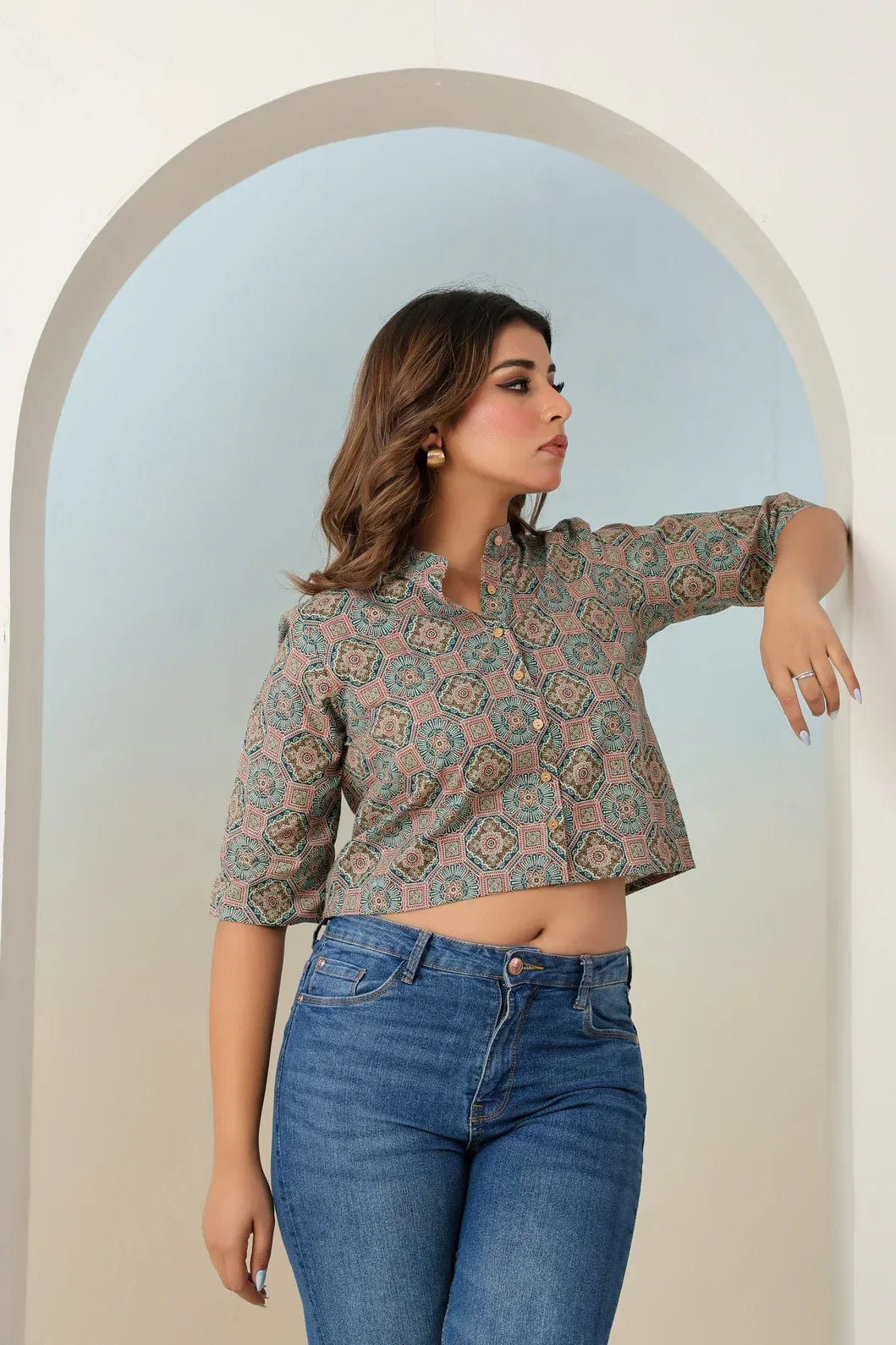 Teal green multicolor ethnic crop top three-quarter view - YAVASTRAH
