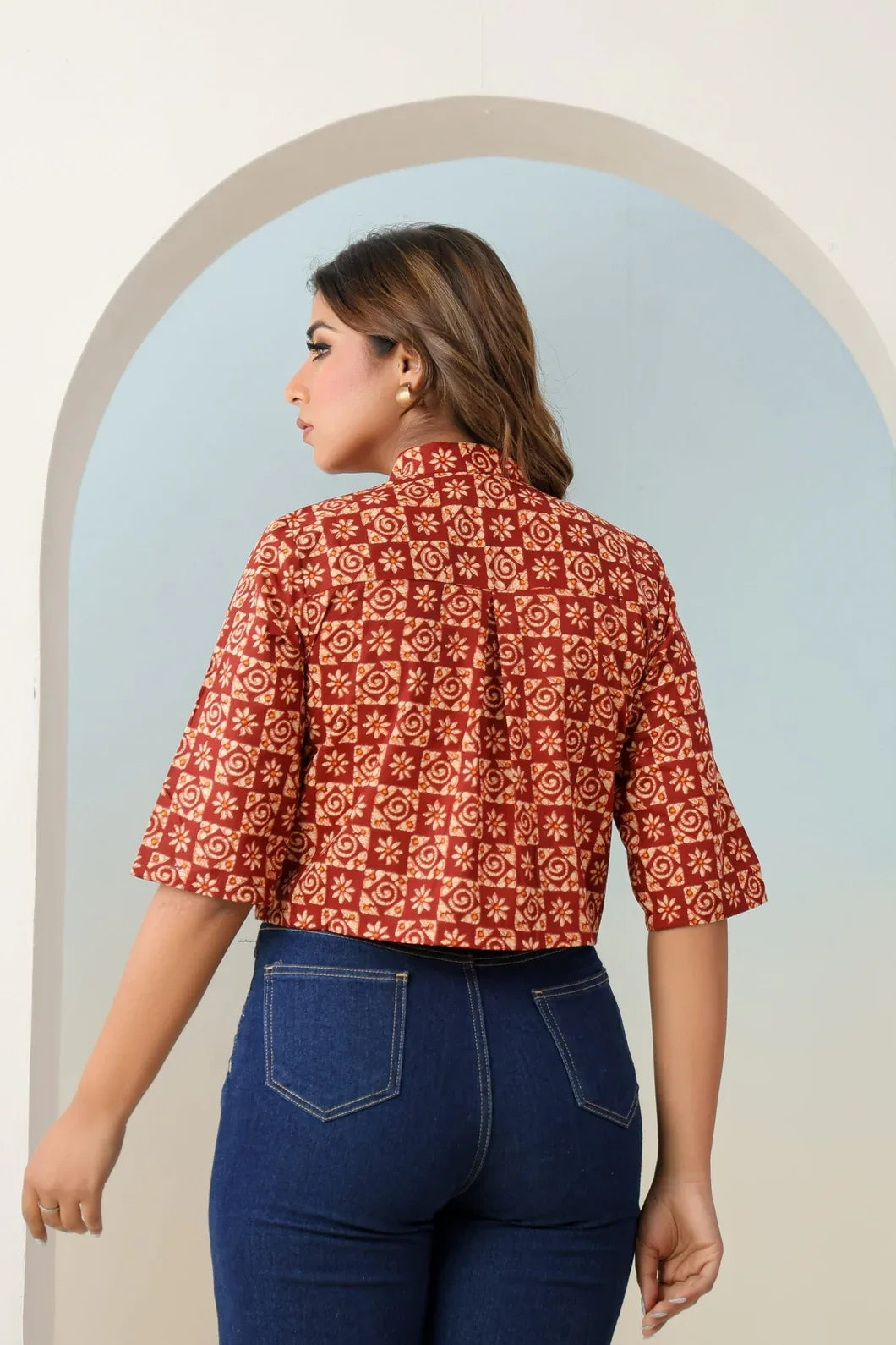 Rust red ethnic motif crop top back view - YAVASTRAH
