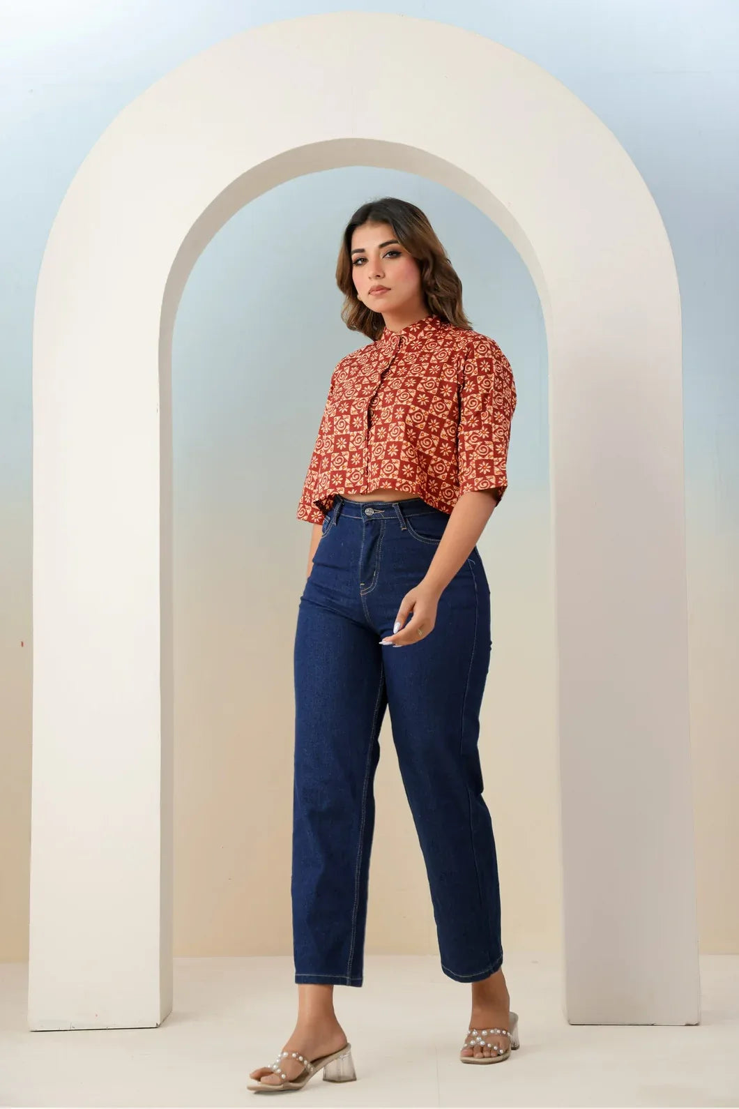 Full length view of rust red ethnic crop top YAVASTRAH
