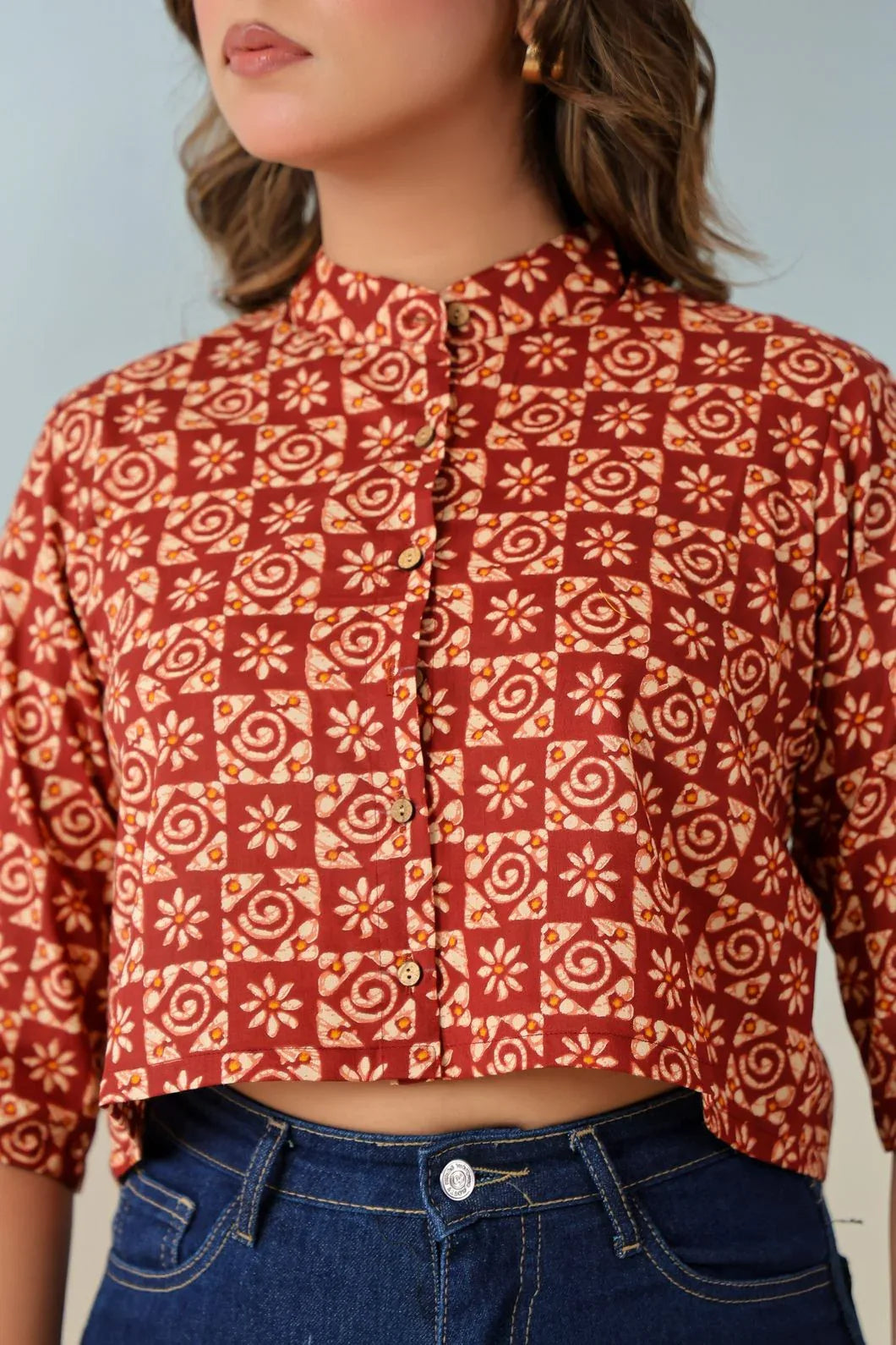Rust red ethnic motif crop top close view - YAVASTRAH
