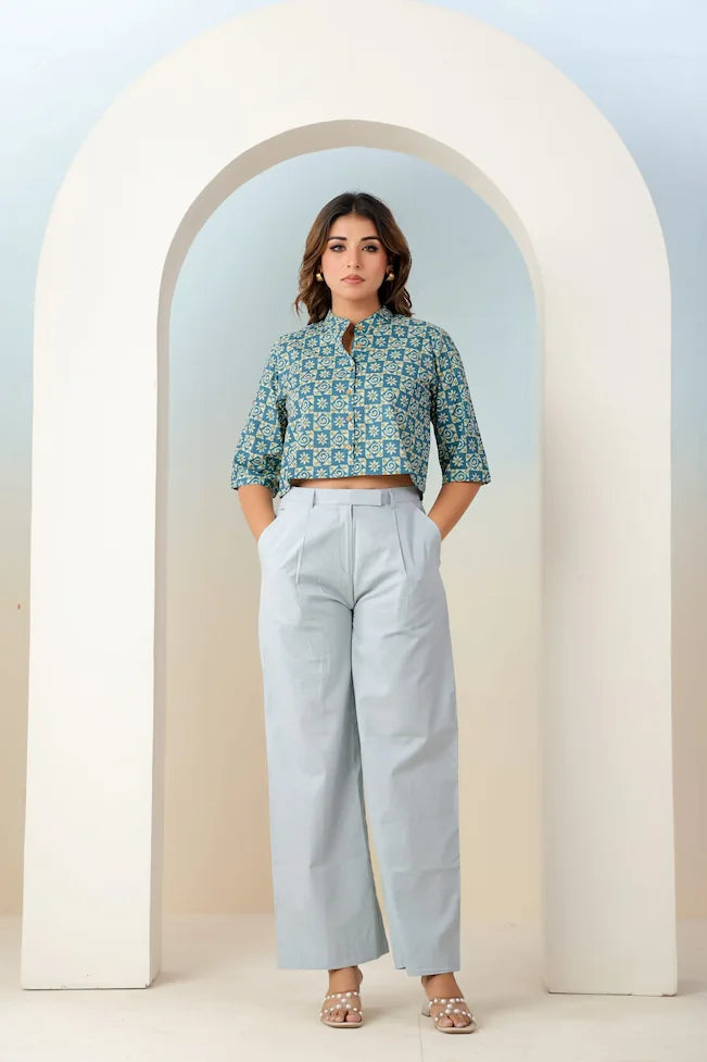 Teal Blue Ethnic Motif Print Crop Top - YAVASTRAH