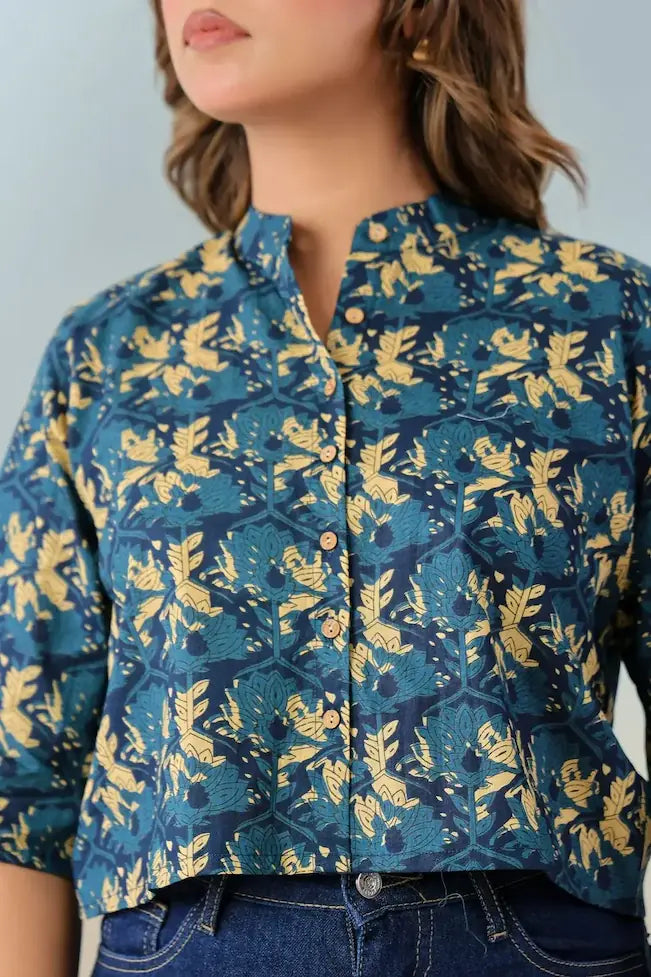Close-up of ethnic motif print detail on navy blue crop top - YAVASTRAH