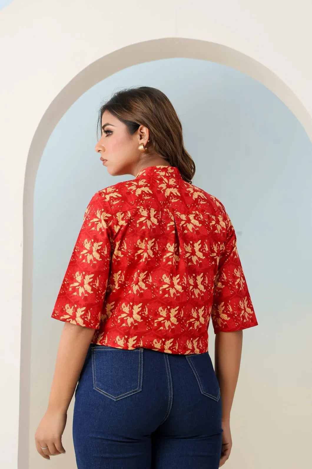 Red floral ethnic motif crop top back view - YAVASTRAH