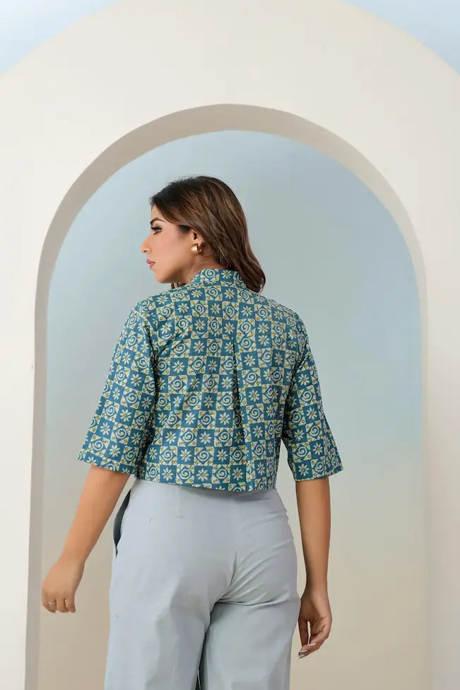 Teal blue ethnic motif crop top back view - YAVASTRAH