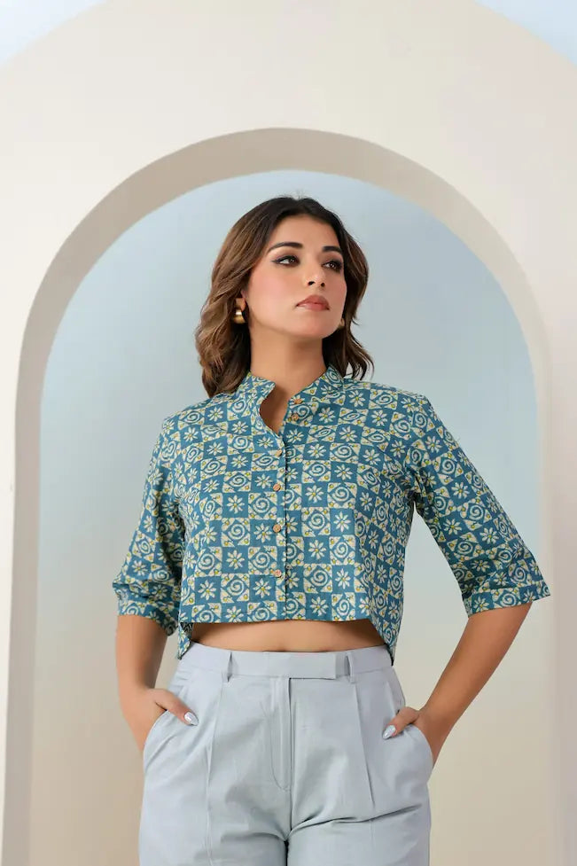 Teal Blue Ethnic Motif Print Crop Top - YAVASTRAH