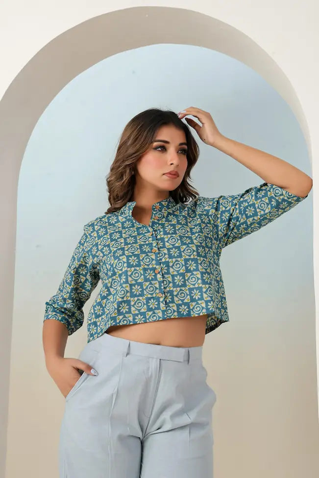 Teal Blue Ethnic Motif Print Crop Top - YAVASTRAH