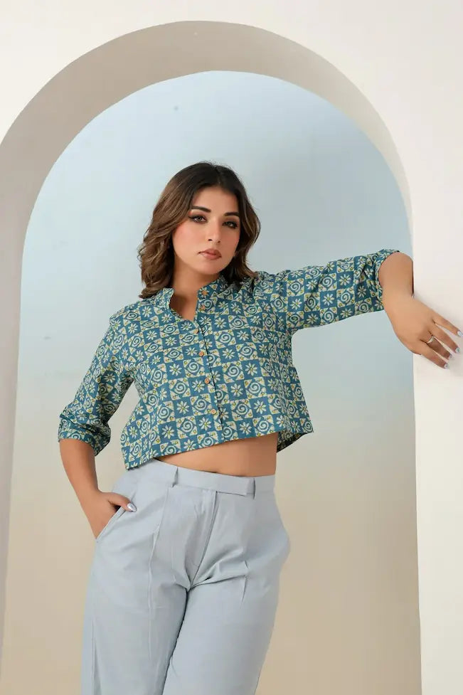 Teal blue ethnic motif crop top elegant view - YAVASTRAH
