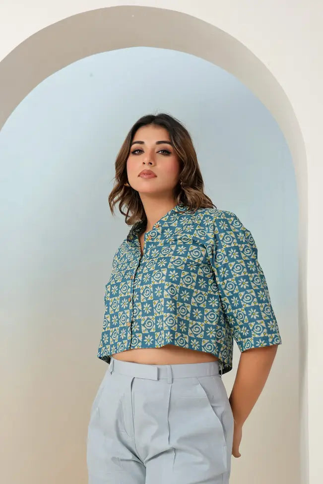 Teal Blue Ethnic Motif Crop Top left angle - YAVASTRAH