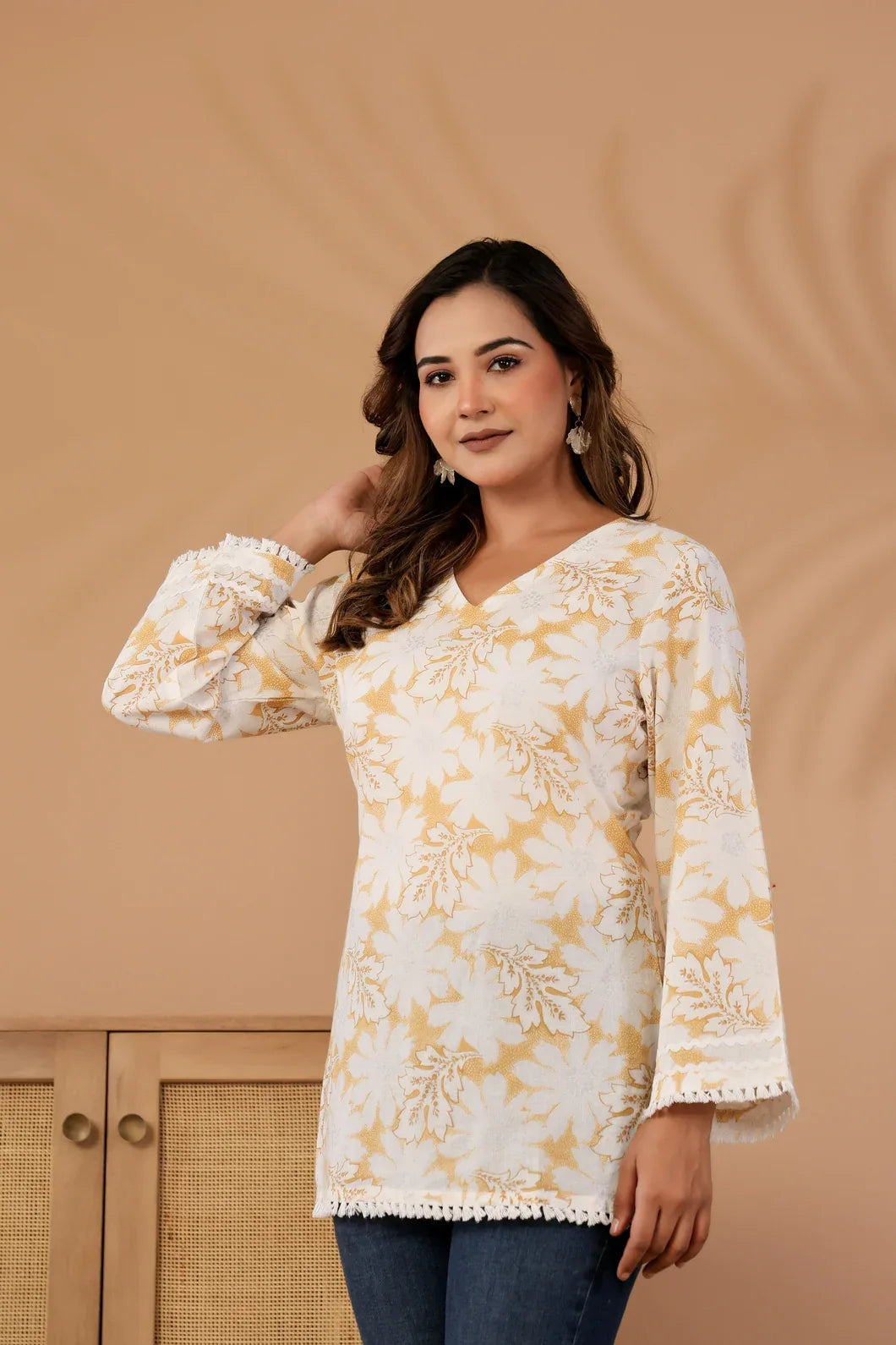 Ivory mustard floral cotton kurti side view showing silhouette - YAVASTRAH
