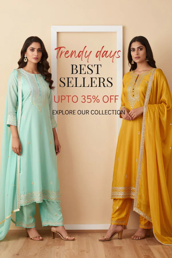 Two women in traditional outfits standing in front of a 'Trendy Days Best Sellers' sign with discounts.