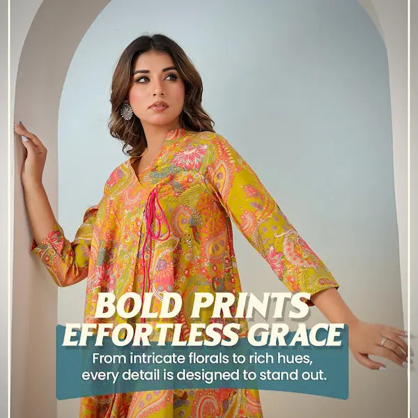 Woman wearing a colorful patterned outfit with text overlay on a neutral background