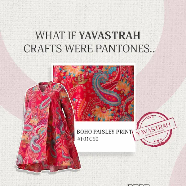 Red garment with boho paisley print and Yavastrah logo on a light gray background