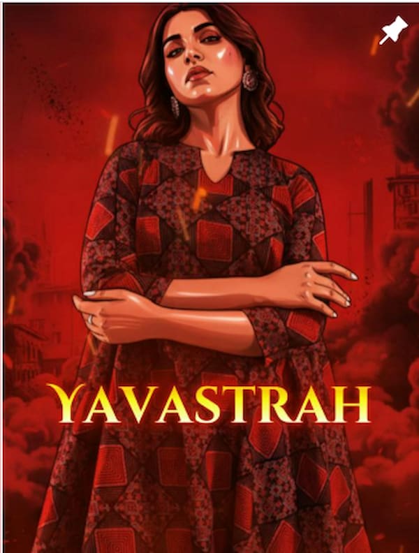 Illustration of a woman in a patterned dress with 'Yavastrah' text on a red background