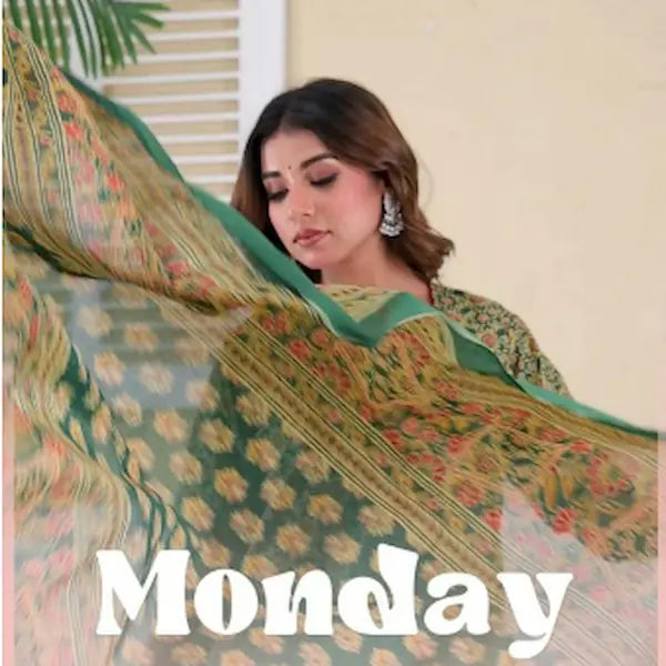Woman holding a floral saree with 'Monday' text overlay