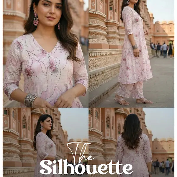 Woman in a floral outfit standing in front of an ornate building, with 'The Silhouette' branding.