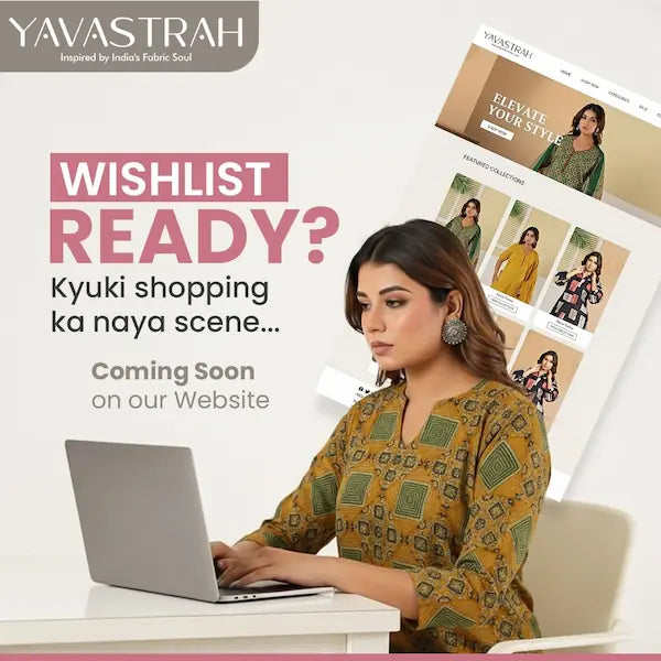 Woman using a laptop with Yavastrah branding and text about a new shopping scene on the website.